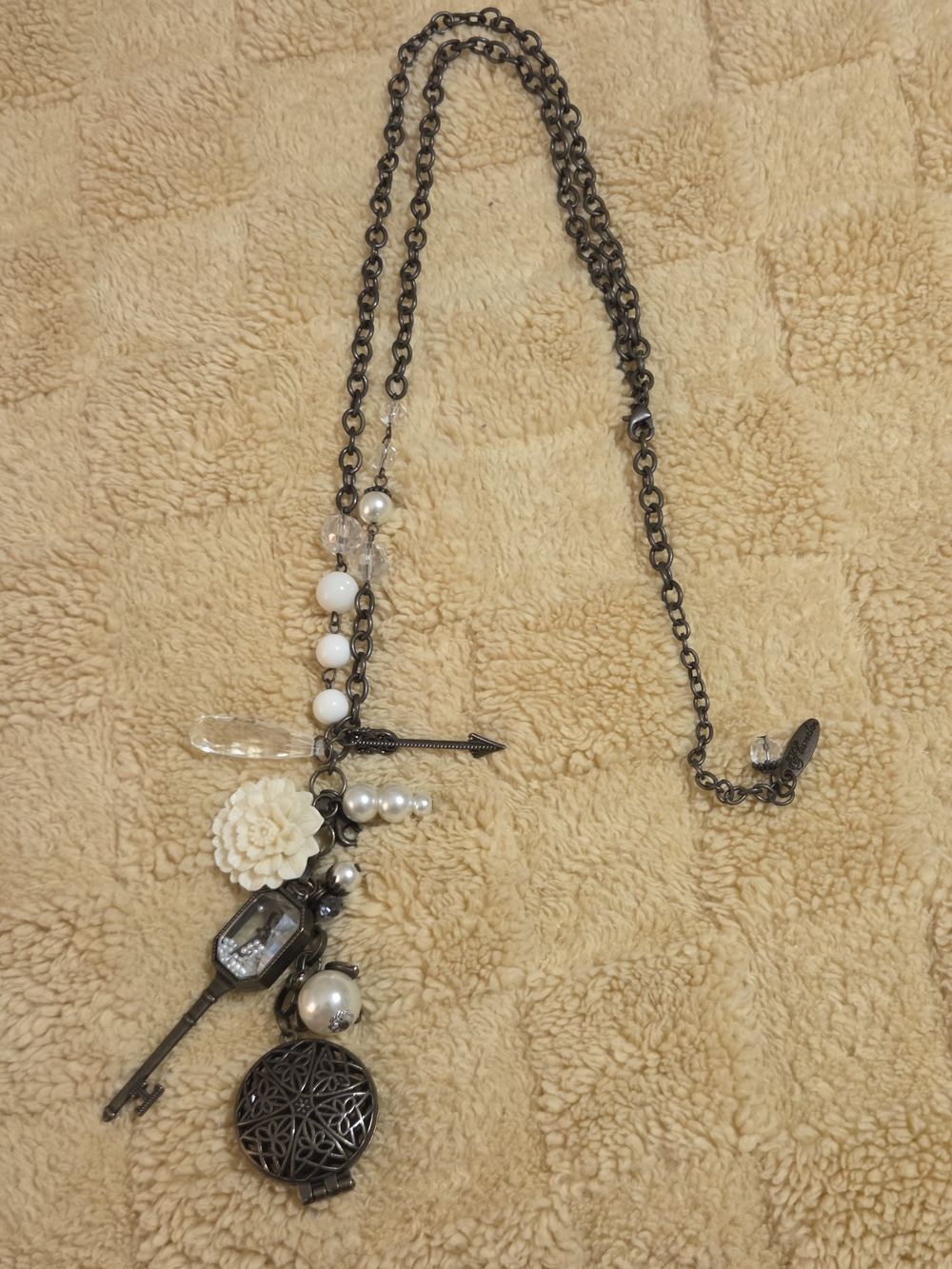 Plunder Antique Silver-Tone Charm Necklace with Cream Flower & White Beads